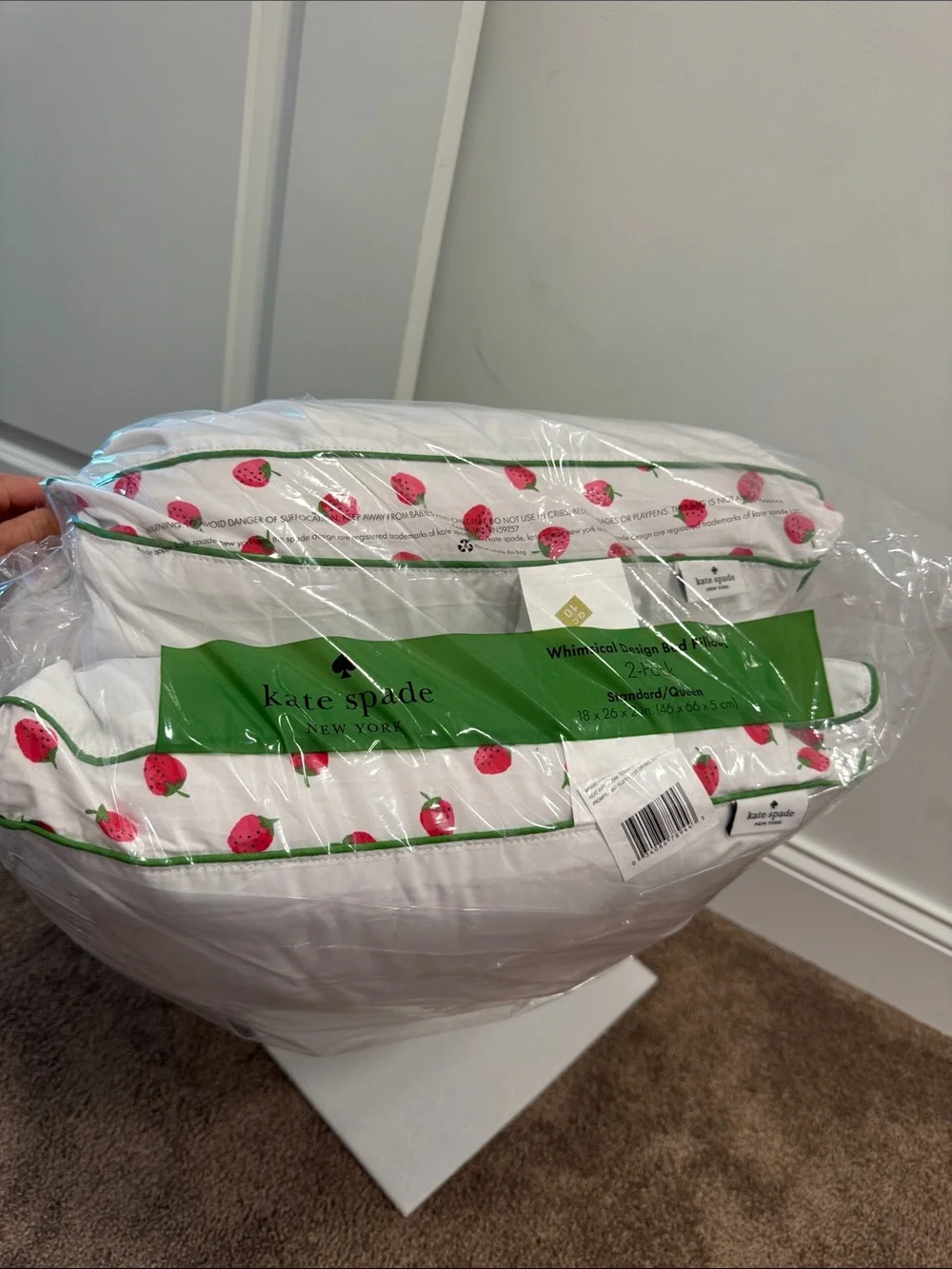 Kate spade strawberry trim set of 2 queen size bed pillows 18” x 26” x 2” NIP